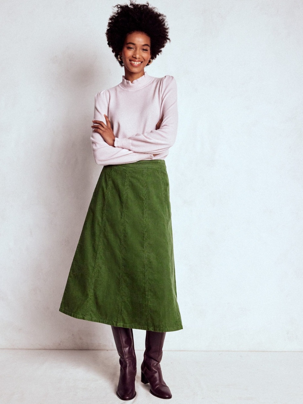 Boden Tan Loght Brown Corduroy A-Line Midi Joy Skirt size 12 Excellent - Picture 9 of 9